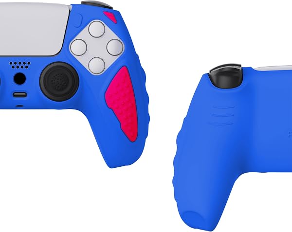PlayVital Cover Silicone per ps5 Joystick Custodia Controller Skin Antiscivolo Copertura Gomma Protettiva&2 Copri Levette Analogiche, Knight Edizione, Blu Primario&Rosa Brillante - 4