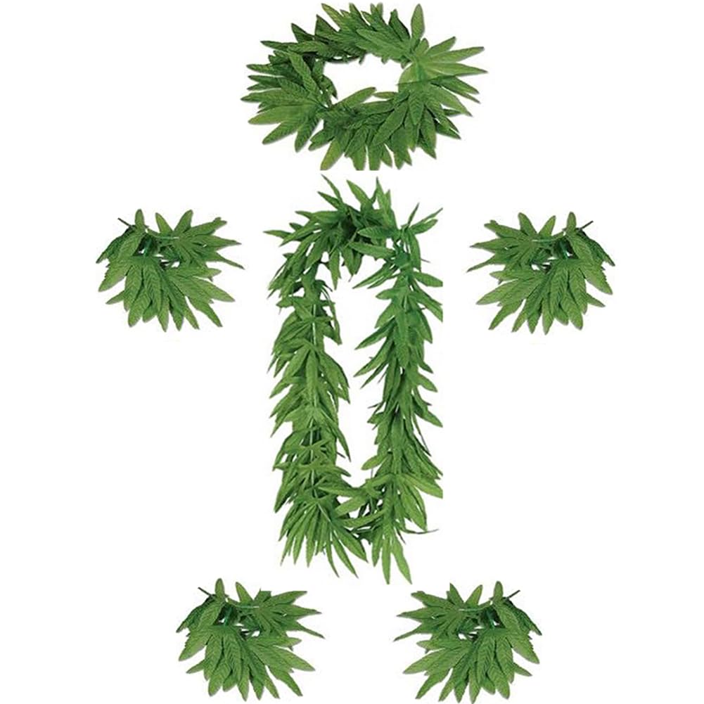Hawaiian Tropical Leaf Leis Set, Green Artificial Leaves Headband, Necklace, Bracelets and Anklets, Hawaiian Party Garland Set for Hula Dance Beach
