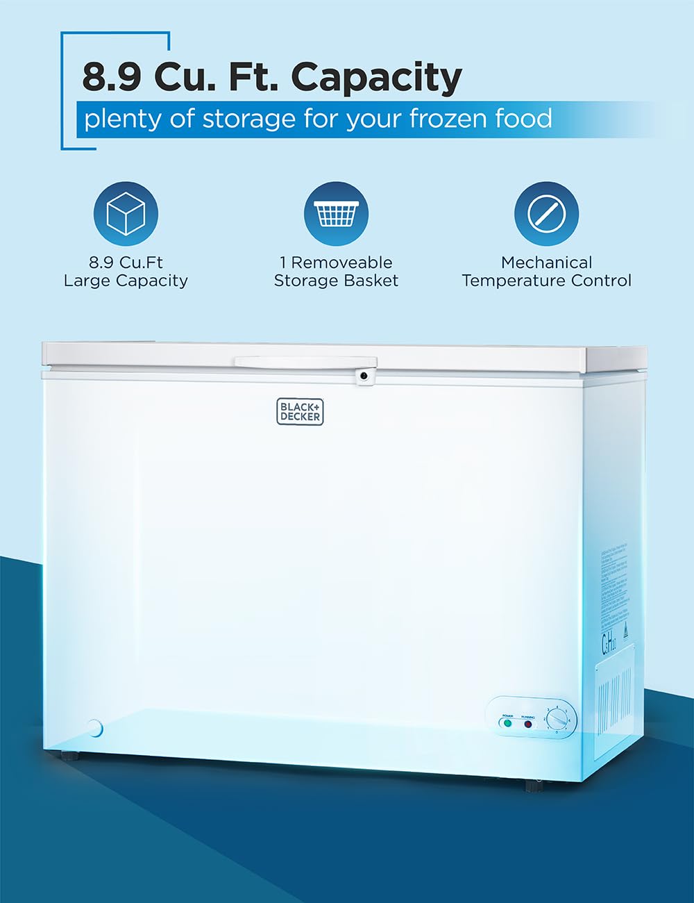 Black+Decker 8.9 Cu. Ft. Chest Freezer, Deep Freezer With Top Opening, Freezer Chest With Removable Storage Basket, Mechanical Temperature Control, Manual Defrost, R600a Refrigerant, Bcf890e, White on Fridge.com - View 2