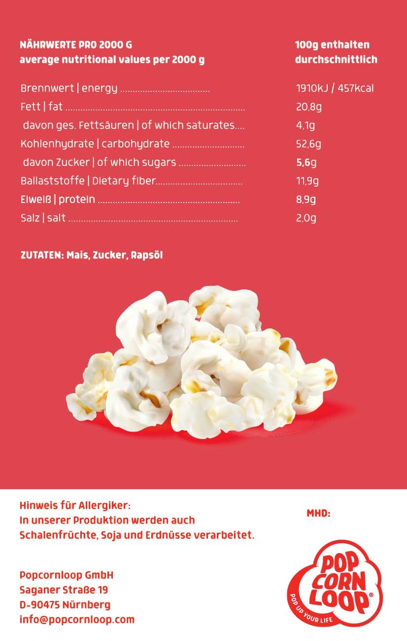 Popcornloop® Popcorn Sack Süß 2 Kilo inklusive 35 Stk. Popcorntüten Gratis Dazu Frisch und Verzehrbereit für Feste Events Veranstaltungen Partys Festivals (Süß, 2 kg)