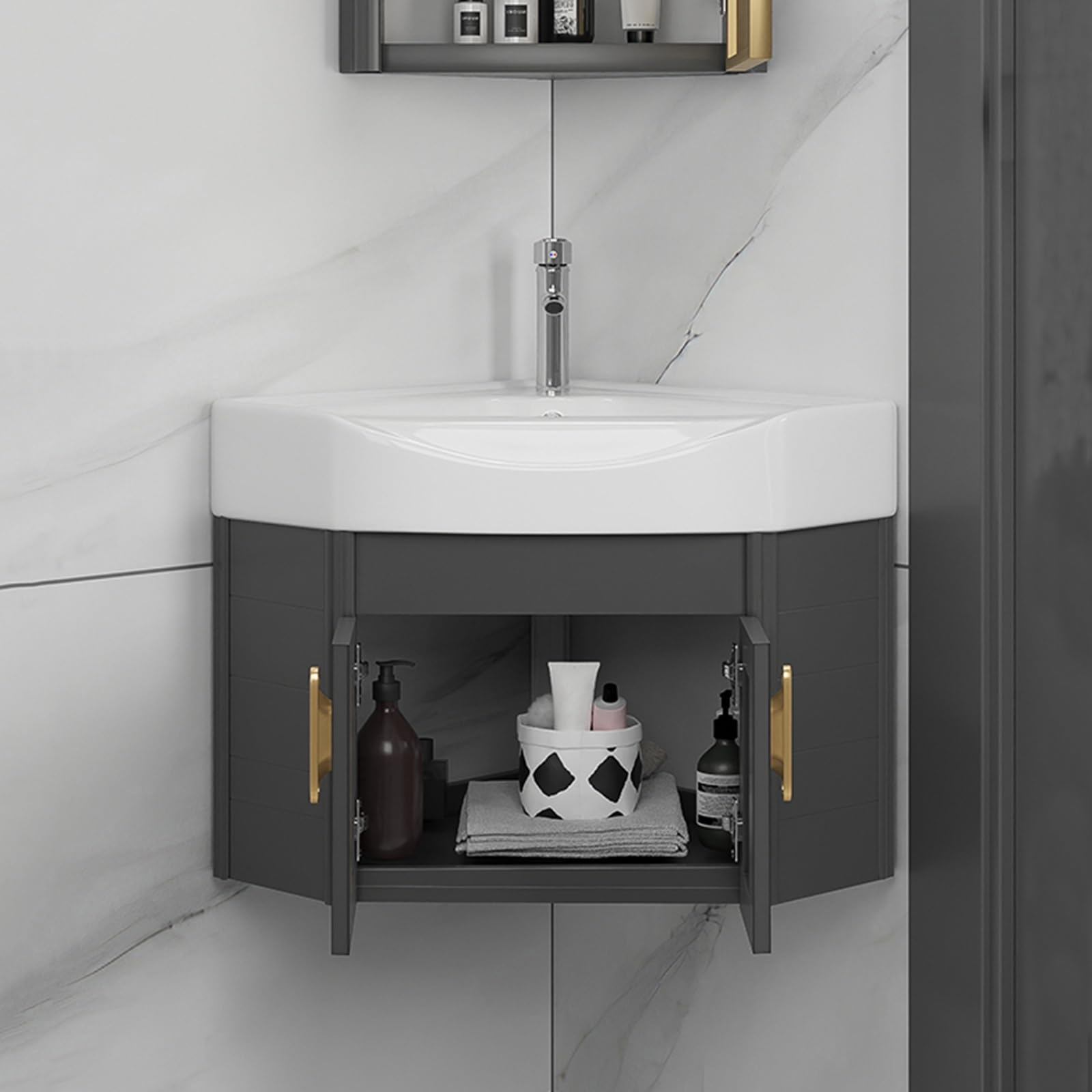DFGHNBVC Wall-Mount Bathroom Vanity Cabinet Set, Bathroom Sink, Corner Sink, Small Corner Sink, For Bathroom, Laundry Room, Living Room, Balcony,Grey-56X43Cm