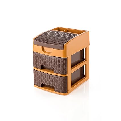Primelife Plastic 2 Layer Multipurpose Modular Drawer System for Home Office Cosmetic & Make-up Organizers Small Size Drawer Table Drawer System Organizer - Brown (2xl Teblo)