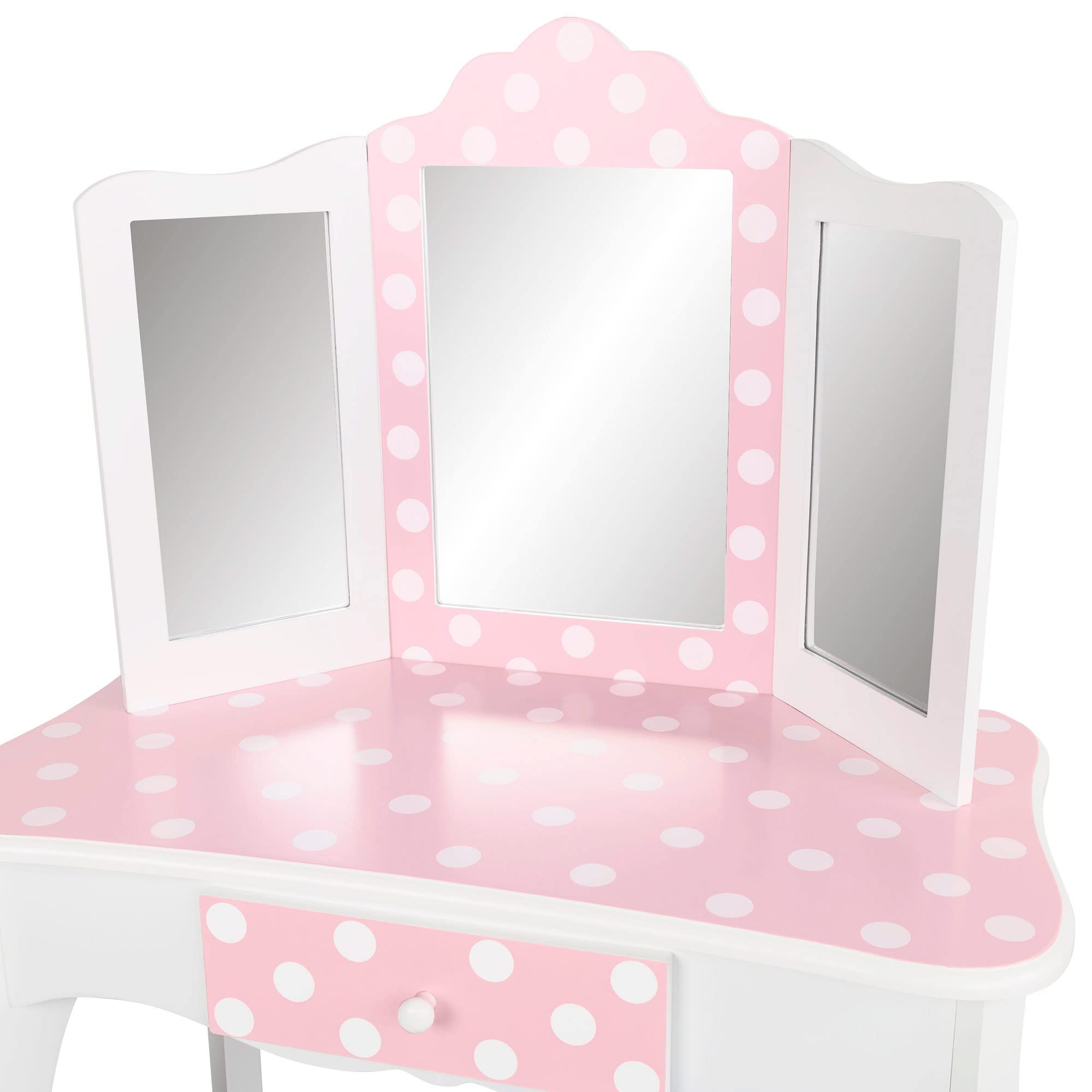 WOOMAX - Tocador niña, Maquillaje niña niño, Tocador de Madera Infantil con Taburete y Espejo Niña, Centro de Belleza con cajón, Juguetes educativos niños 3 años, Juguetes imitación (85388)