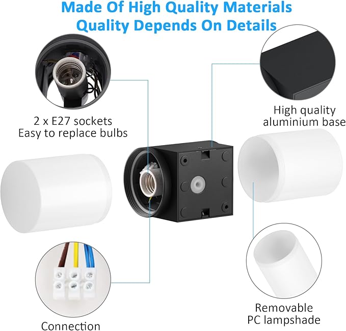 Klighten Klighten 2 stuks wandlampen E27 buiten/binnen, naar beneden wandlamp, IP65 wandlamp, aluminium wandlampen, voor balkon/tuin, max. 40 W, zwart, gloeilamp niet inbegrepen photo 3