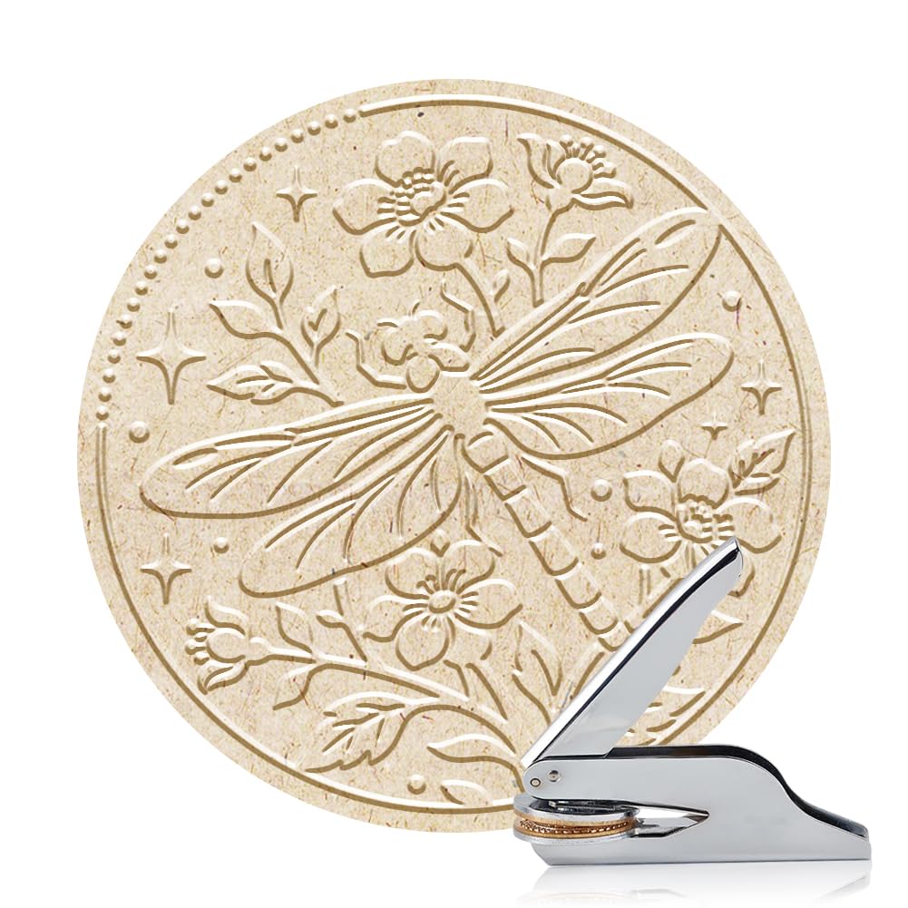 ANATTASOUL Book Embosser Personalized Dragonfly and Flowerbed Pattern Book Stamp, Durable Library Stamp with Handle Set for Paper, Books, Envelopes, Invitation, Certificate, Gifts