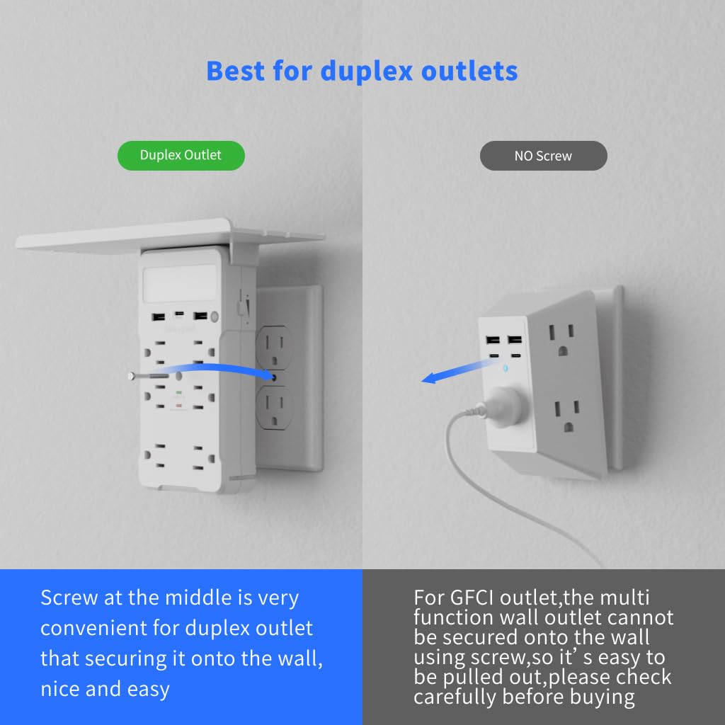 Surge Protector, Multi Plug Outlet, Estensore Presa a Muro con Luce Notturna e Ripiano, Espansore Spina di Alimentazione, (2A +1C), Caricatore da Parete USB, Presa di Alimentazione