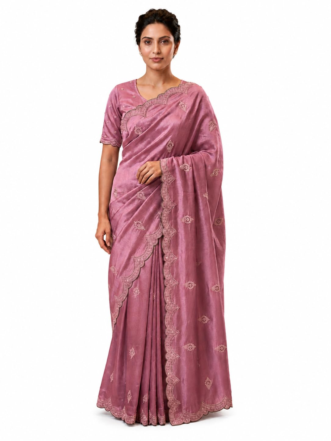 Chocolate Embroidered Saree for Women with Stone & Val Work | Lightweight Soft Fabric Saree with Unstitched Blouse Piece | Designer Saree-image-32