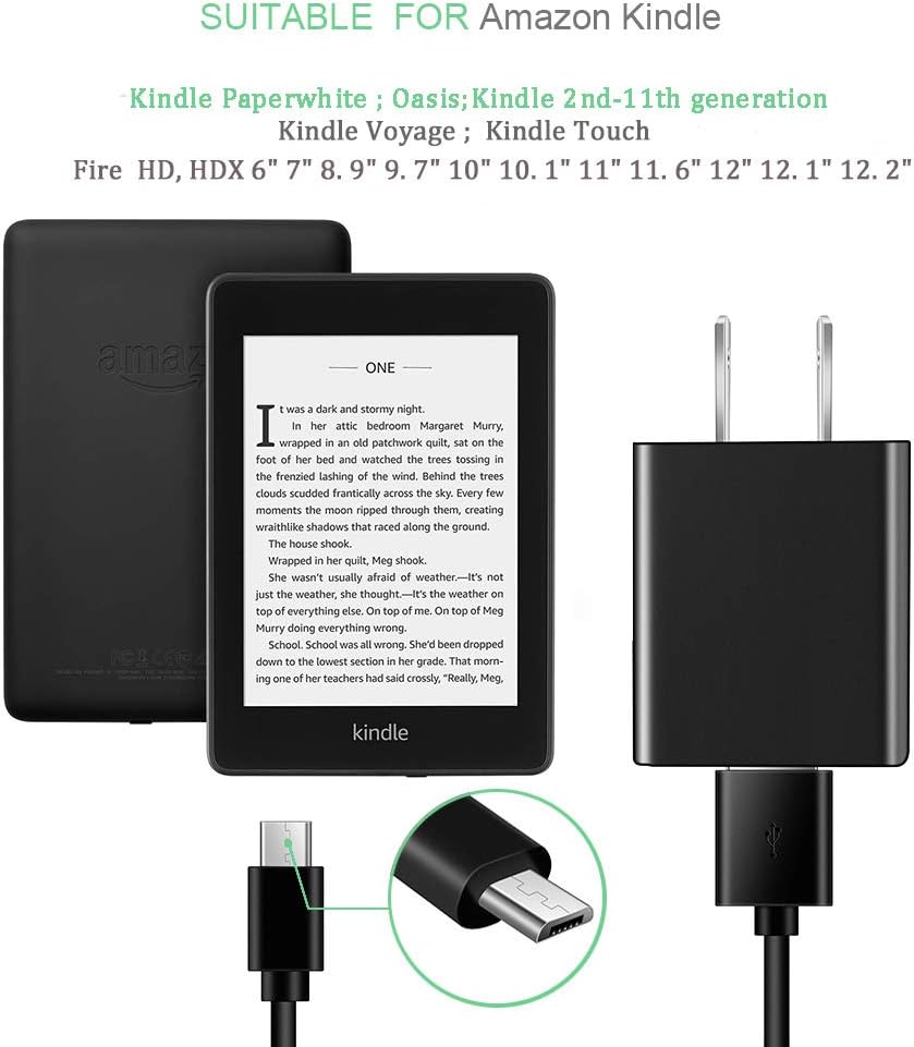 E-Reader Charger, AC Power Supply Charger for Kindle E-Reader Paperwhite 3 4 Oasis E-Reader Voyage E-Reader with 5FT Charging Cable,Micro USB Port