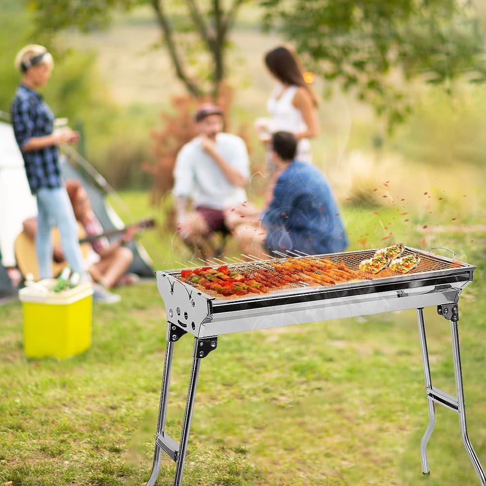 Barbecue à Charbon de Bois portable en acier inoxydable,Grill Charbon de Bois XXL,BBQ Pliable Barbecue Grill à Charbon,pour camping, jardin et balcon, barbecue d'extérieur,73x33,5x70 cm