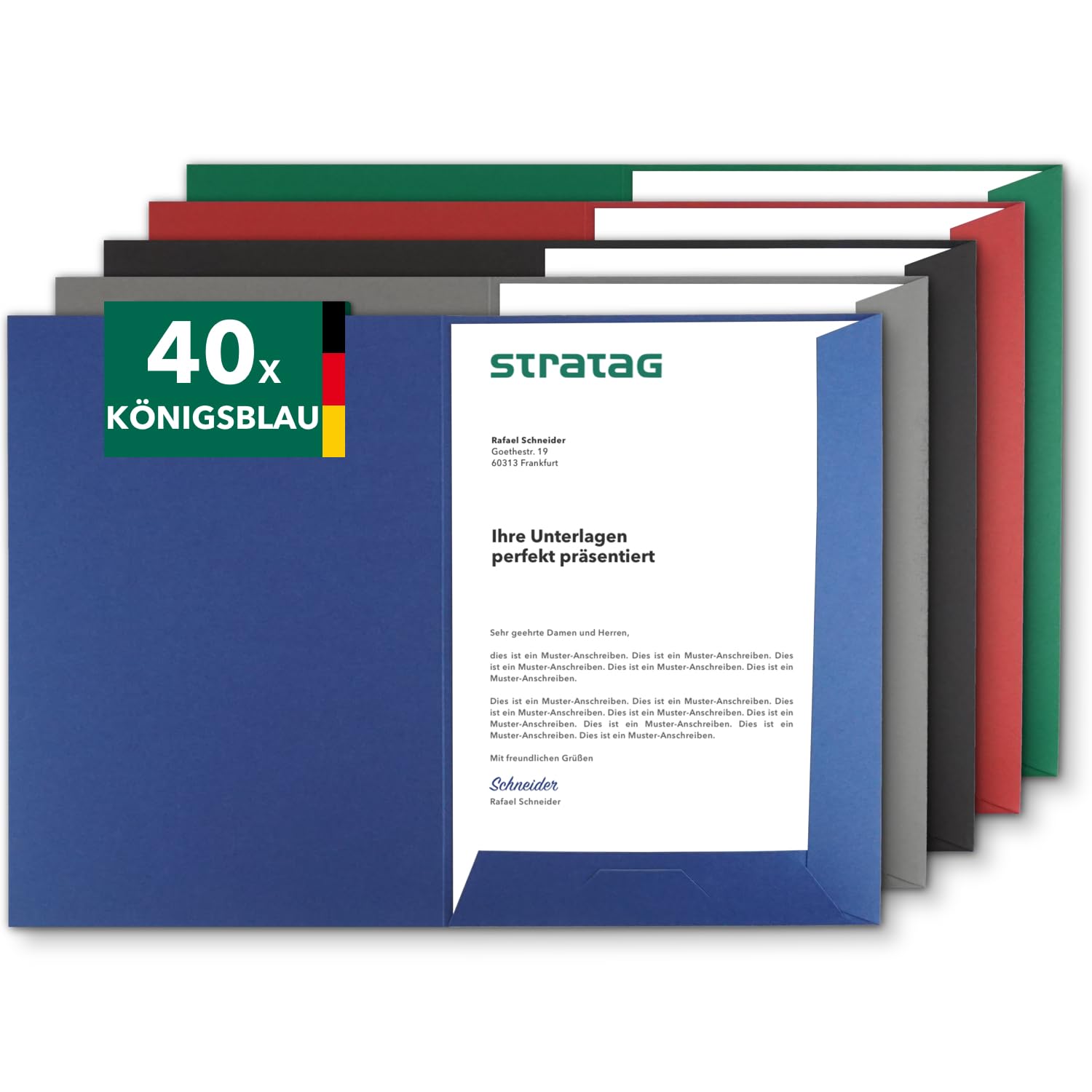 Präsentationsmappe A4 Königsblau (40 Stück) - sehr stabiler 350 g/m² Naturkarton - Dokumentenmappe A4 direkt vom Hersteller STRATAG - Urkundenmappe für Angebote, Exposés, Projekte & Geschäftsberichte