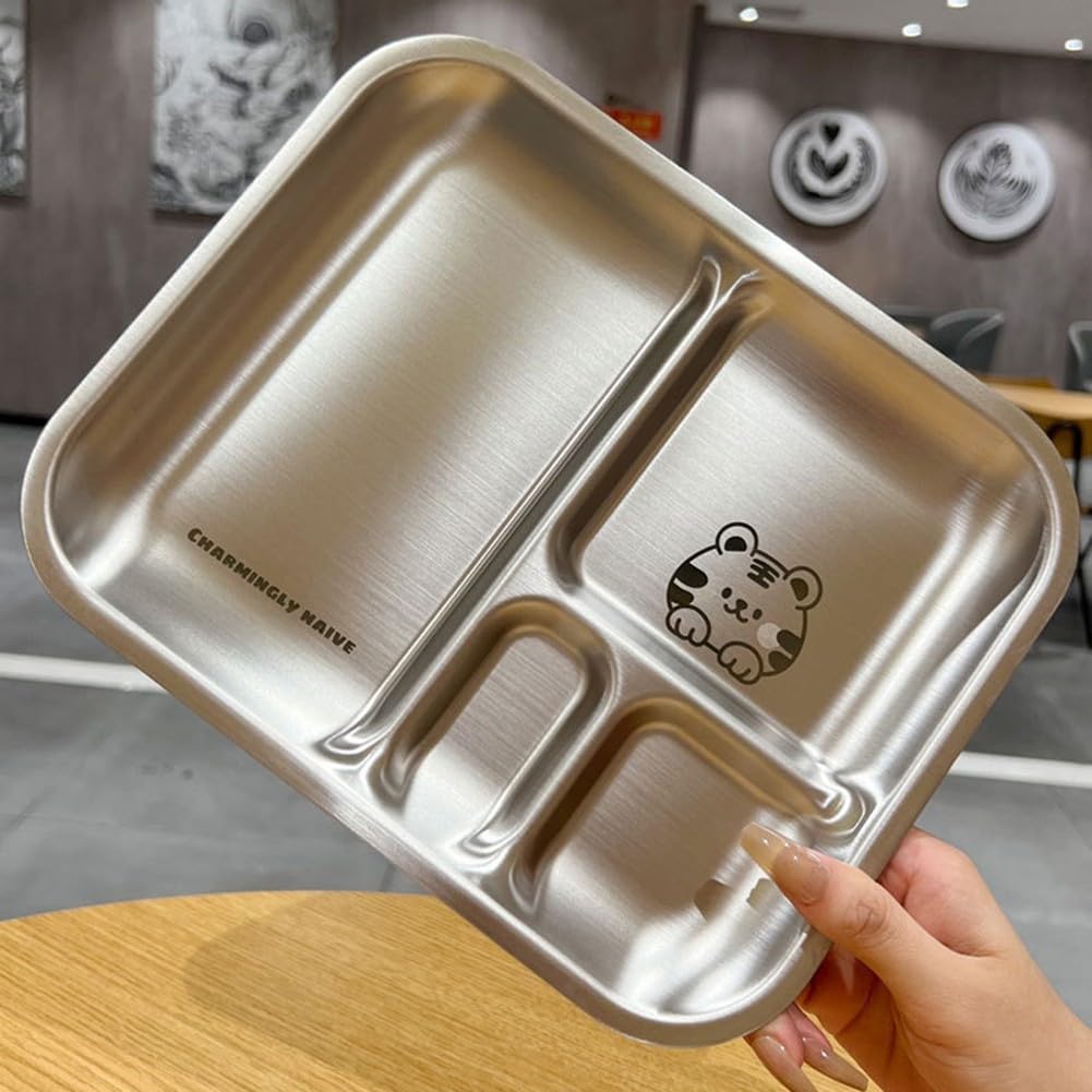 Homefurnishmall Assiettes à dîner divisées en acier inoxydable, 26 x 21 x 2 cm, vaisselle à 4 compartiments pour enfants, adultes, camping (pour tigre)