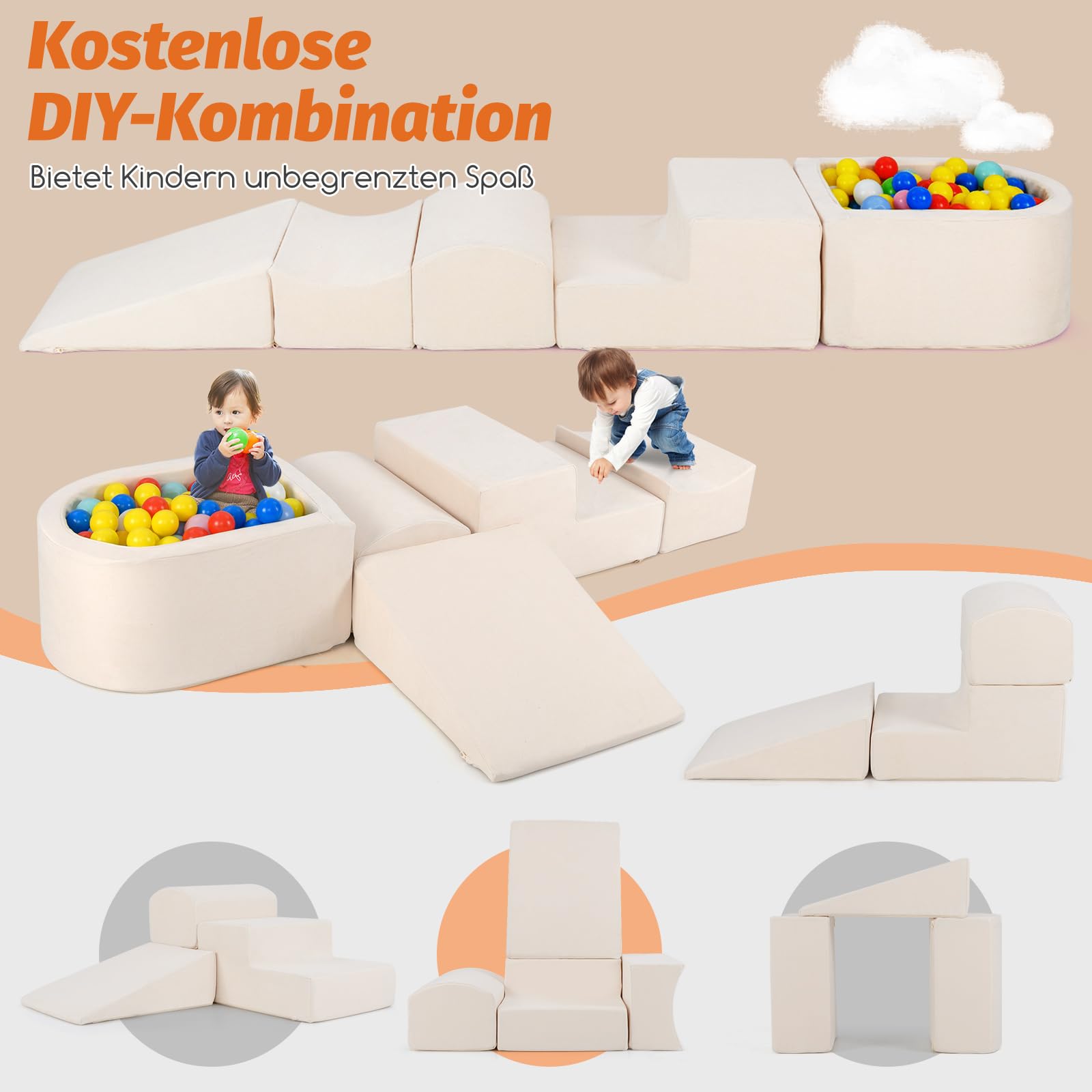 COSTWAY 5 TLG. Schaumstoffbausteine, Riesenbausteine mit Bällebad, Großbausteine zum Toben und Klettern, Kletterblöcke Softbausteine Kinder für Spielzimmer, Kinderzimmer, Keine Bälle (Beige)