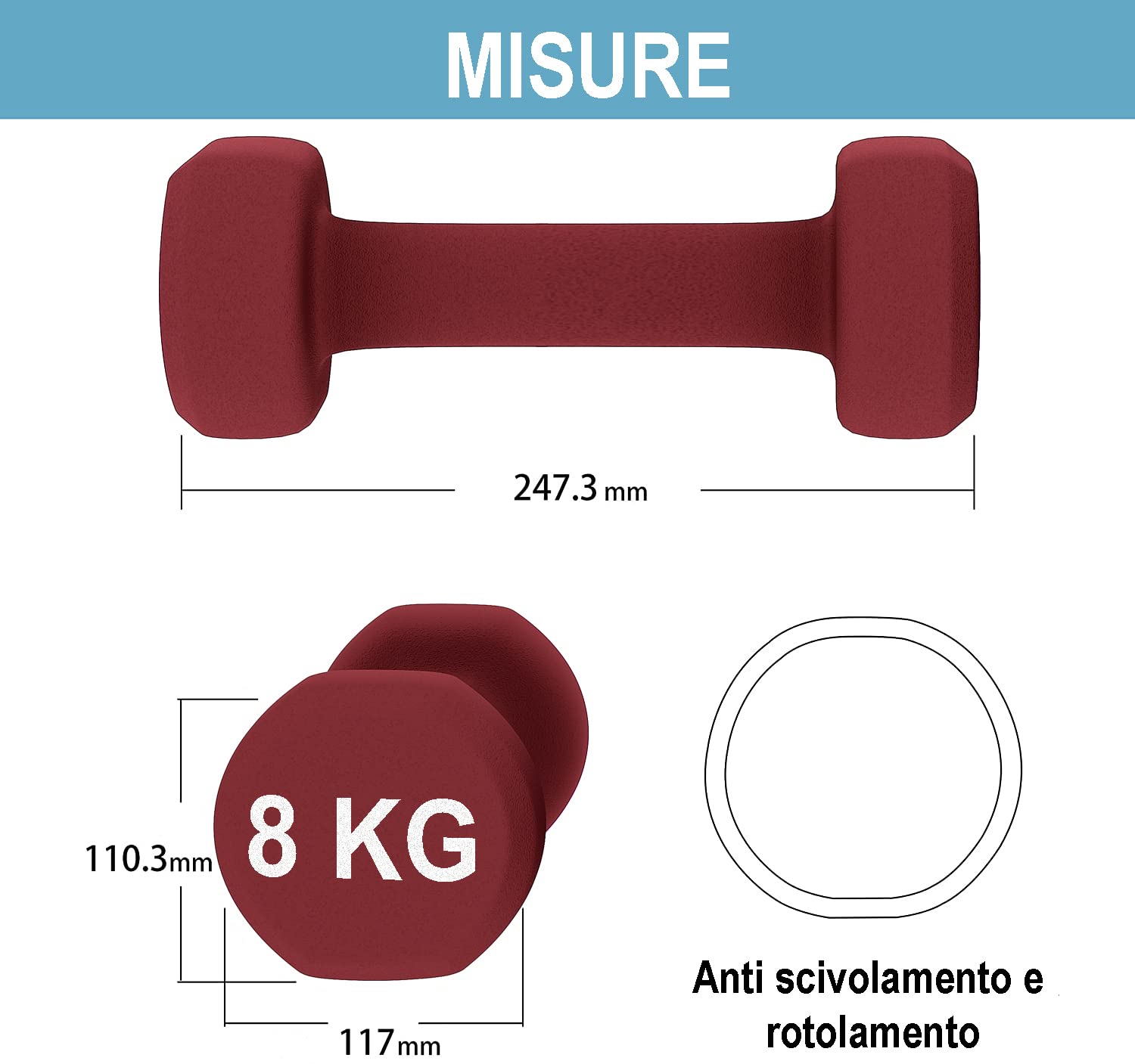Coppia Pesi Palestra Manubri Per Casa Fitness Manubrio In Neoprene Pesetti Esagonali Impugnatura Antiscivolo Body Building Crossfit Aerobica Esercizi Ginnastica 2 x 8 Kg Colore Bordeaux