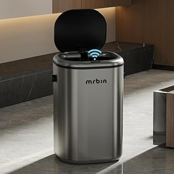 MRBIN Stainless Steel Motion Sensor Tall Bathroom Trash Can with Lid, 5 Gallon Automatic Kitchen Garbage Pail, Electric Covered Silver Metal Waste Basket for Bedroom, Rv, Restroom, Eclipse Grey