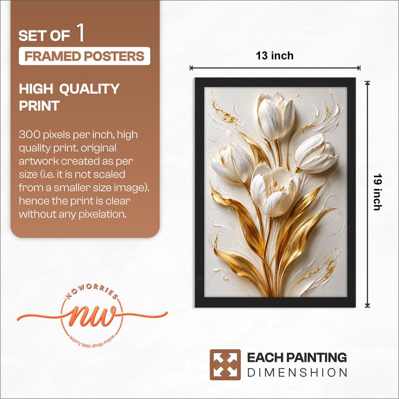 Image of NoWorries Floral Botanical Wall Painting with Frame | Premium Textured Flower & Leaf Artwork, Pastel Nature Wall Decor Framed for Living Room Bedroom Office and Home Decoration (Art-19,13x19inch)