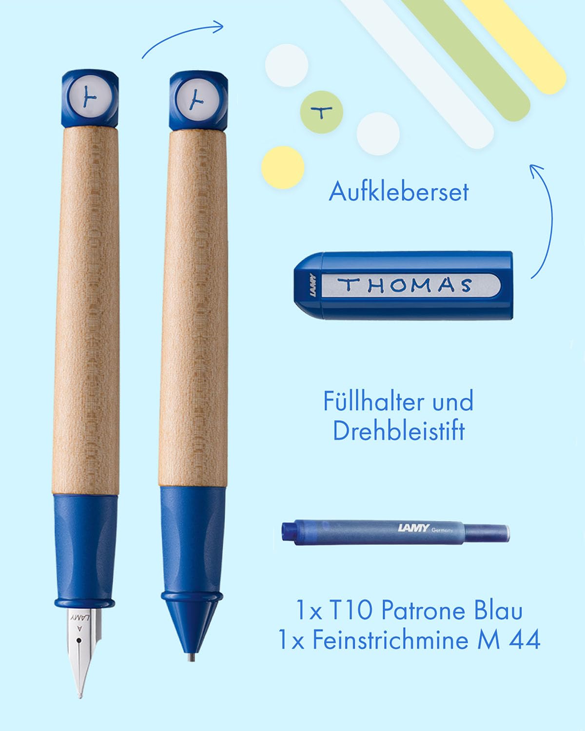 Lamy abc - Set per imparare a scrivere, in confezione regalo, 1 penna stilografica per bambini con pennino fine e 1 matita, impugnatura antiscivolo, cappuccio e cubo in plastica