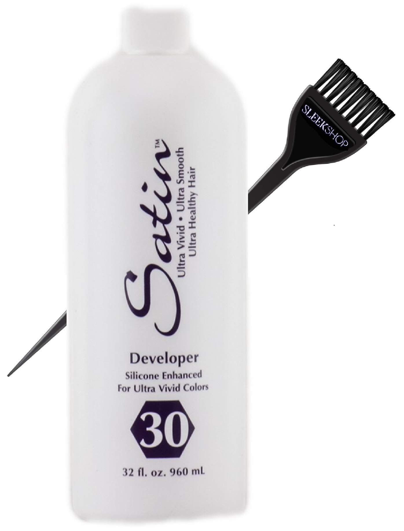 Satin Hair Developer, Silicone Enhancing for Ultra Rich Vivid Colors (w/Sleek Brush) Haircolor Dye Activator, Hydrogen Peroxide (30 Volume / 9% - 32 oz LARGE size)