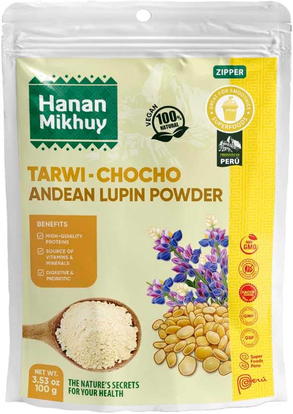 Lupin Chocho (Tarwi) Powder (Molido) from Peru Andes 100% Natural, Vegan, Non-GMO, Gluten-Free, Rich in Protein & Fiber for Smoothies, Soup, Baked Goods & Recipes | 3.5oz (100g)