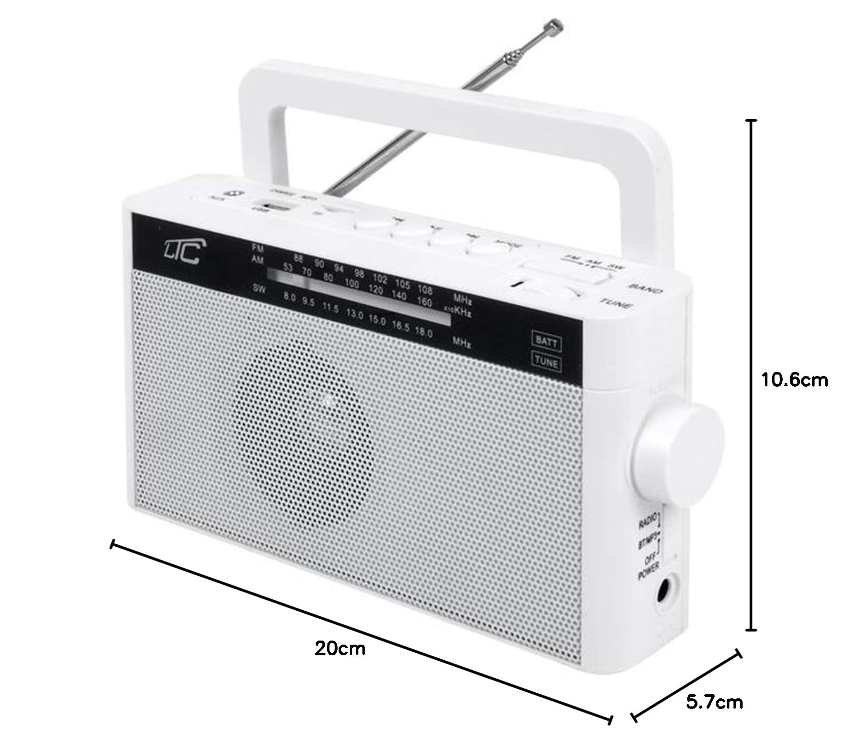 LTC SONA Przenośne Radio z Bluetooth, USB i Czytnikiem Kart microSD - z Uchwytem - Zasilanie Sieciowe lub Akumulatorowe - AM FM SW - do Domu, na Plac Budowy - Kompatybilne ze Smartfonem - Białe