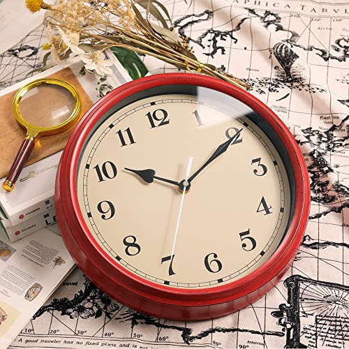 Image of AYRELY Decorative Vintage Wall Clock - 11Inch Silent Non-Ticking Clocks Battery Operated - Classic Decor for Living Room, Farmhouse, Kitchen, Bedroom, Bathroom (Red)