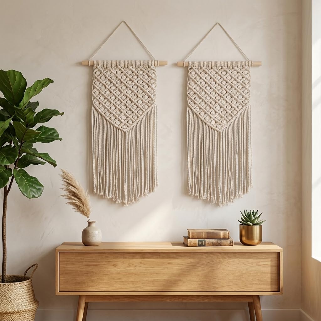 Boho Macrame Wall Hanging - Beige Tapestry Set -5 Boho Macrame Wall Hanging - Beige Tapestry Set -5