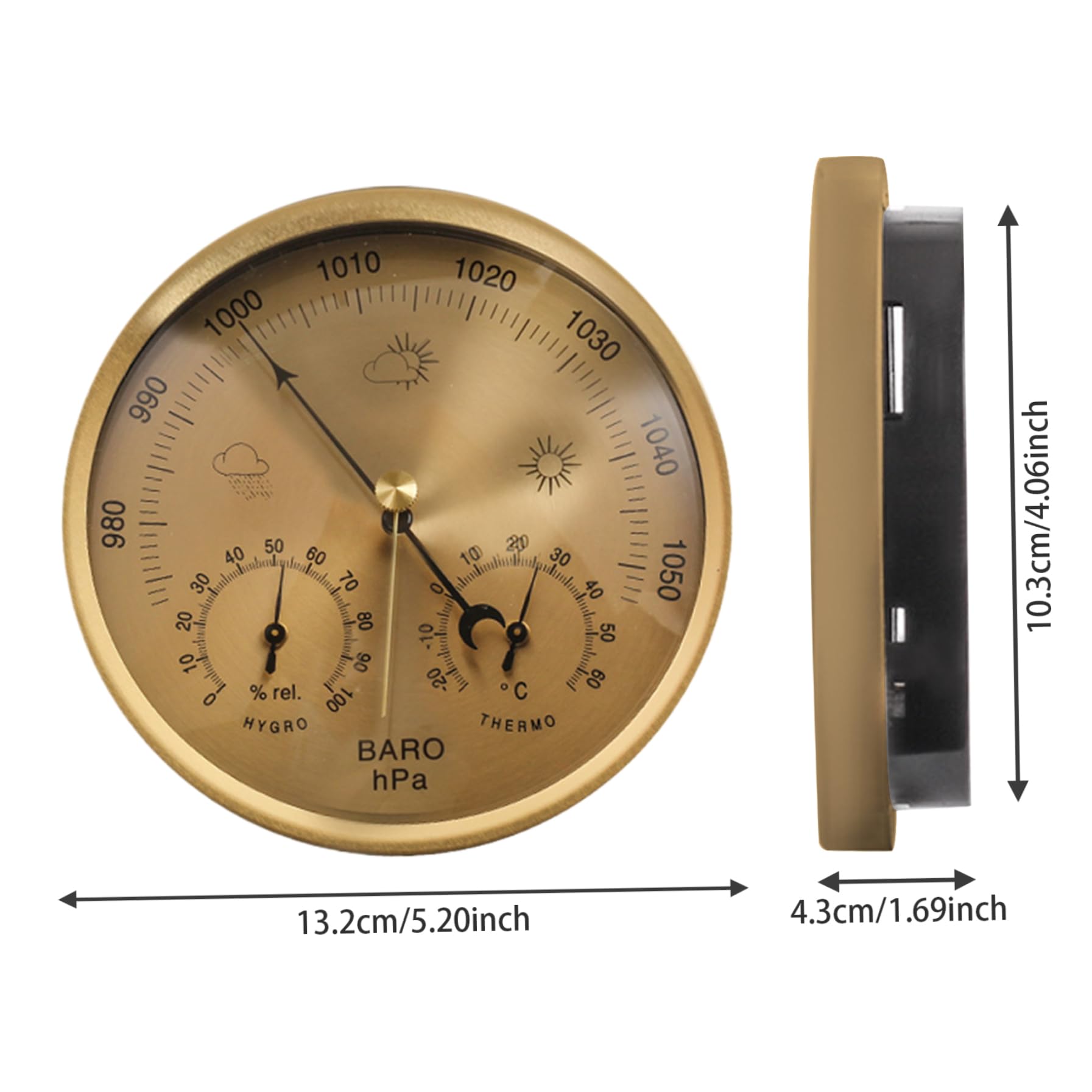 Baromètre 3 en 1, manomètre barométrique de 5,2 pouces, baromètre météo mécanique avec trou de suspension, baromètre à échelle claire, thermomètre hygromètre pour intérieur et extérieur, baromètre dor