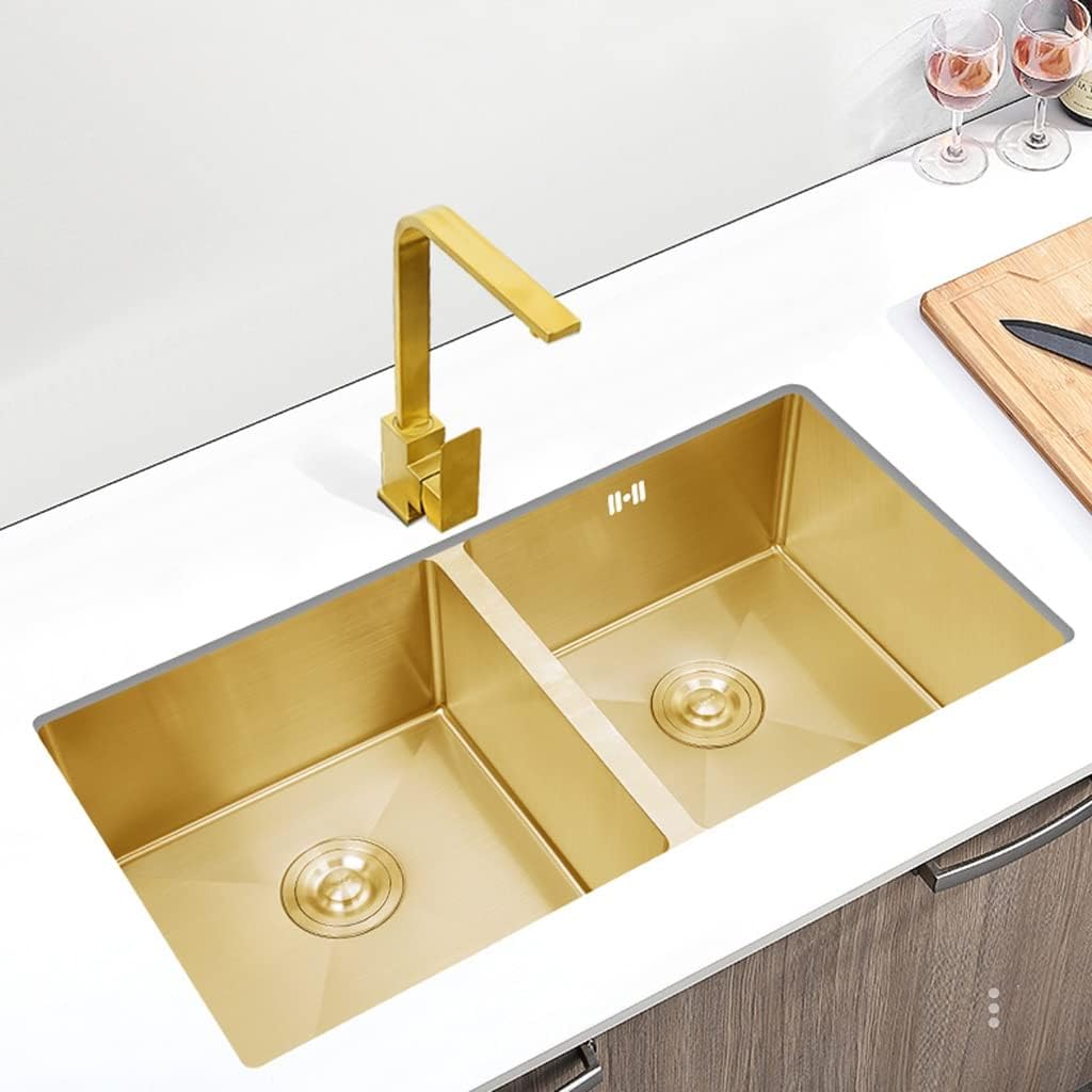 Gold Double Bowl Kitchen Bar Stainless Steel Sink Wet Bar & Prep Sink, with Square Faucet & Drain Top Mount Or Undermount (Gold 75x40x21cm)
