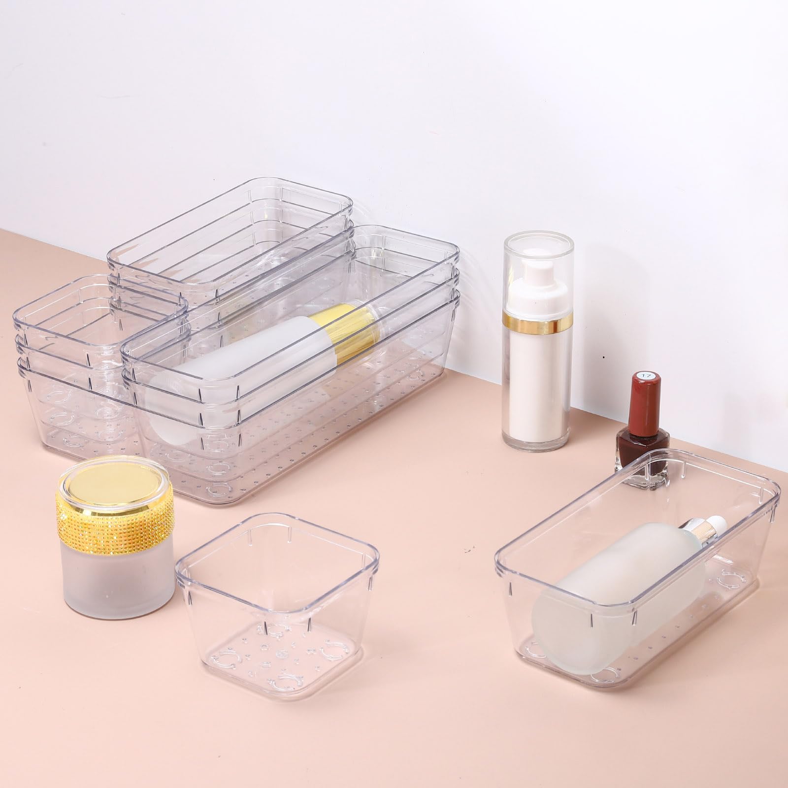 sourcing map Set di 25 organizer per cassetti, in plastica trasparente, 4 misure, per bagno, vanità, divisori, contenitori per trucco, gioielli, utensili e gadget