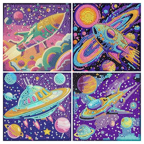 4 PCS Space Diamond Art Painting Kit for Kids 5D Diamond Art Kits for Beginners DIY Spaceship Gem Rhinestone Full Drill Gem Painting Crafts for Girls Boys Ages 8-9-12 for Home Wall Decor 6x6 inch