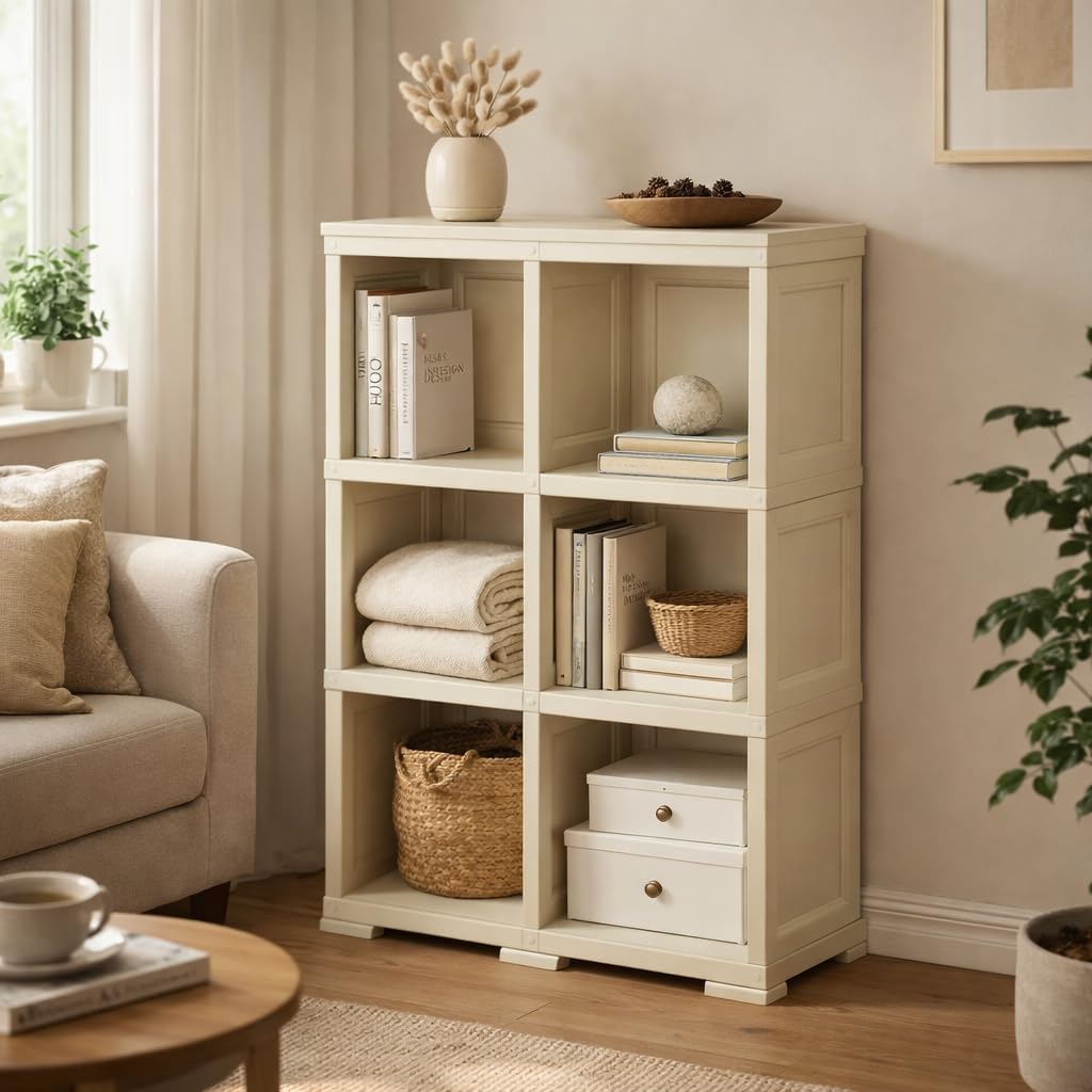 Scaffale Modulare a Vista Senza Ante – Libreria Multiuso in Plastica con 6 Scomparti per Zona Living, Studio e Organizzazione Casa (Angora, 79 x 42.5 x 125 cm)