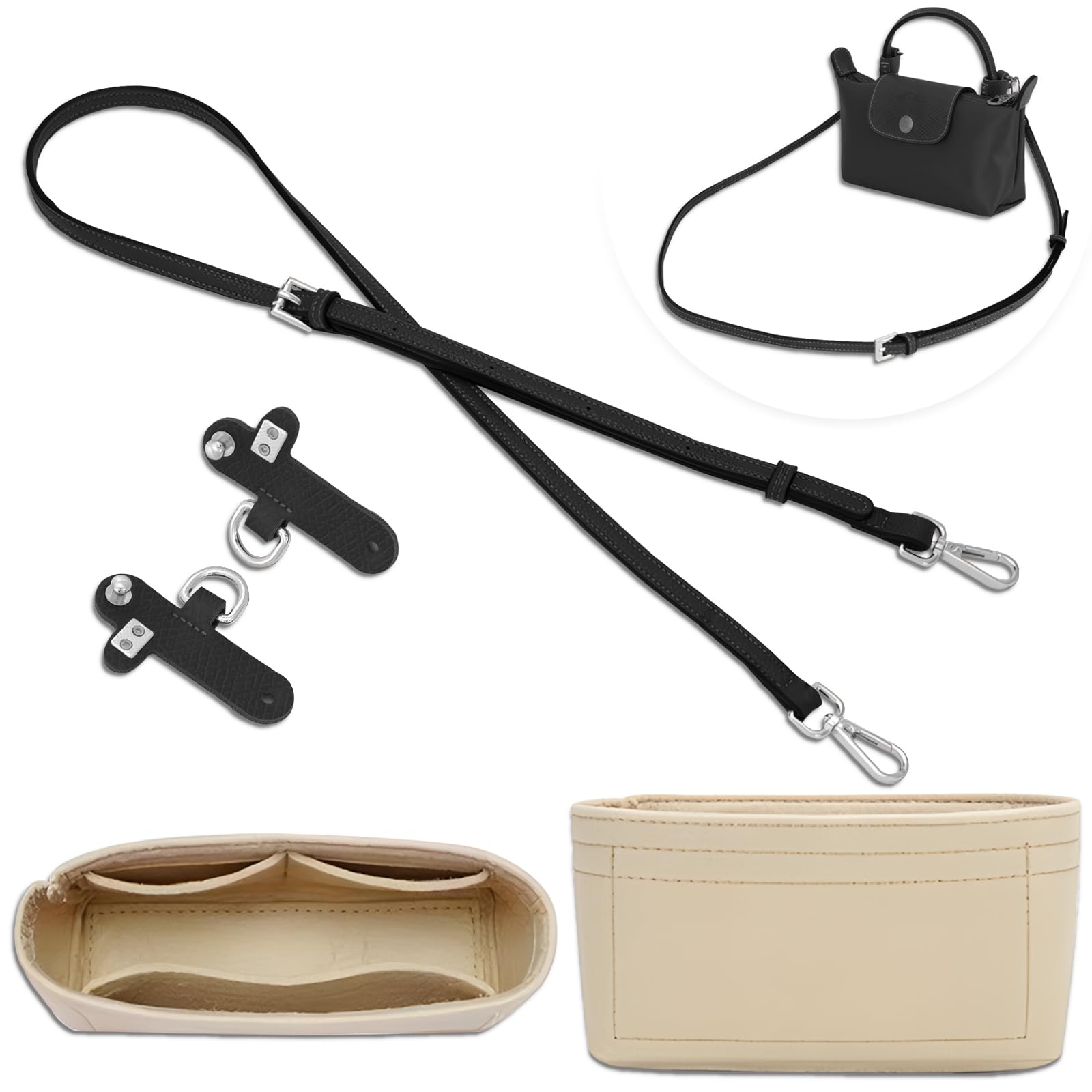 4 pcs PU Leather Bag Strap Conversion Kit and Felt Bag Organizer, CNYMANY Mini Tote Bag Shoulder Strap Replacement and Felt Purse Insert Organizer Compatible with Longchamp Handbag - Black Silver