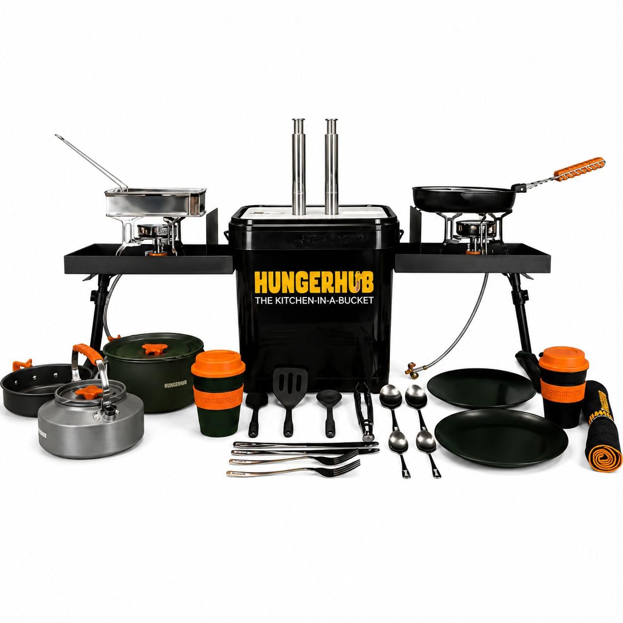 The HungerHub Kitchen In A Bucket – Compact Portable Camping Kitchen comes in a Bucket with Setup in Minutes - All in One Camping Cooking Station with Dual Stoves, Kettle, Pans, Utensils & More