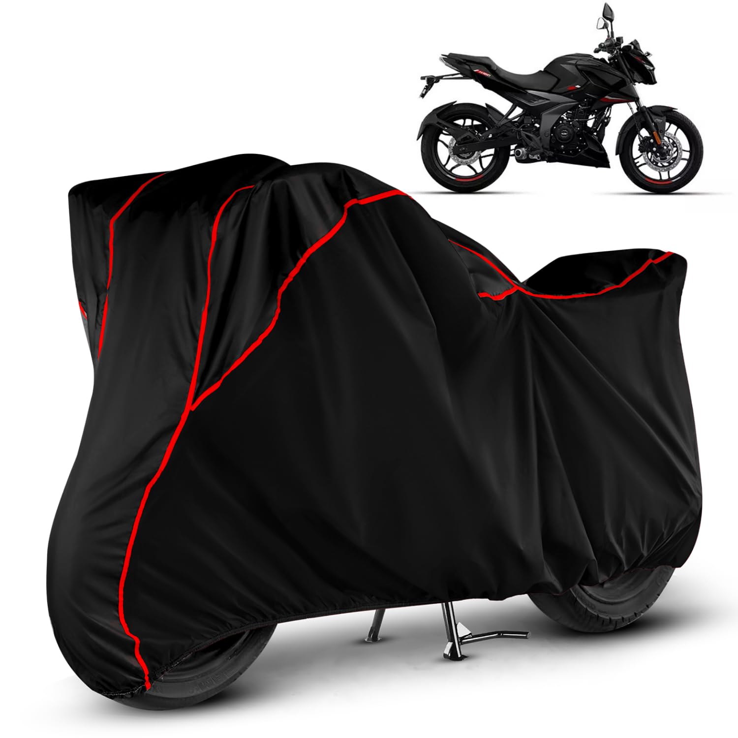 VOICO Water Resistant Bike Cover Dustproof UV Protection Bike Body Cover for Bajaj Pulsar N160 All-Weather Protection with Red Piping - Black-image-29