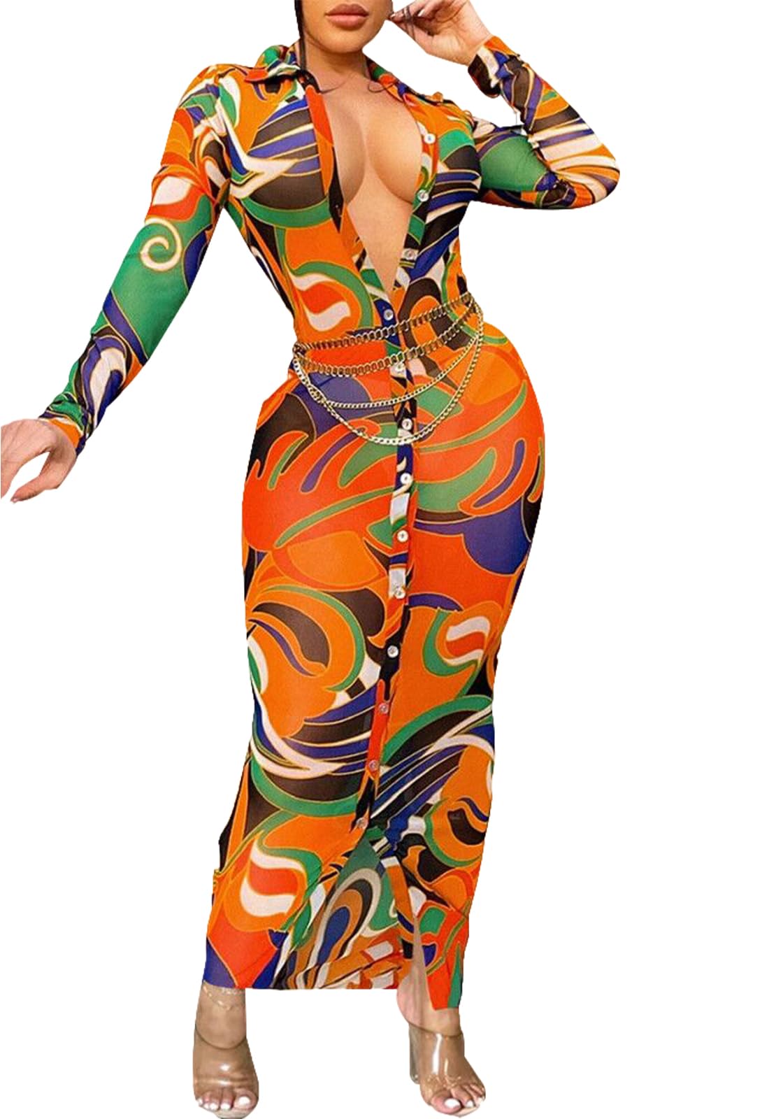 Vestido largo sexy de malla transparente para mujer, estampado elástico, con botones, salida de baño