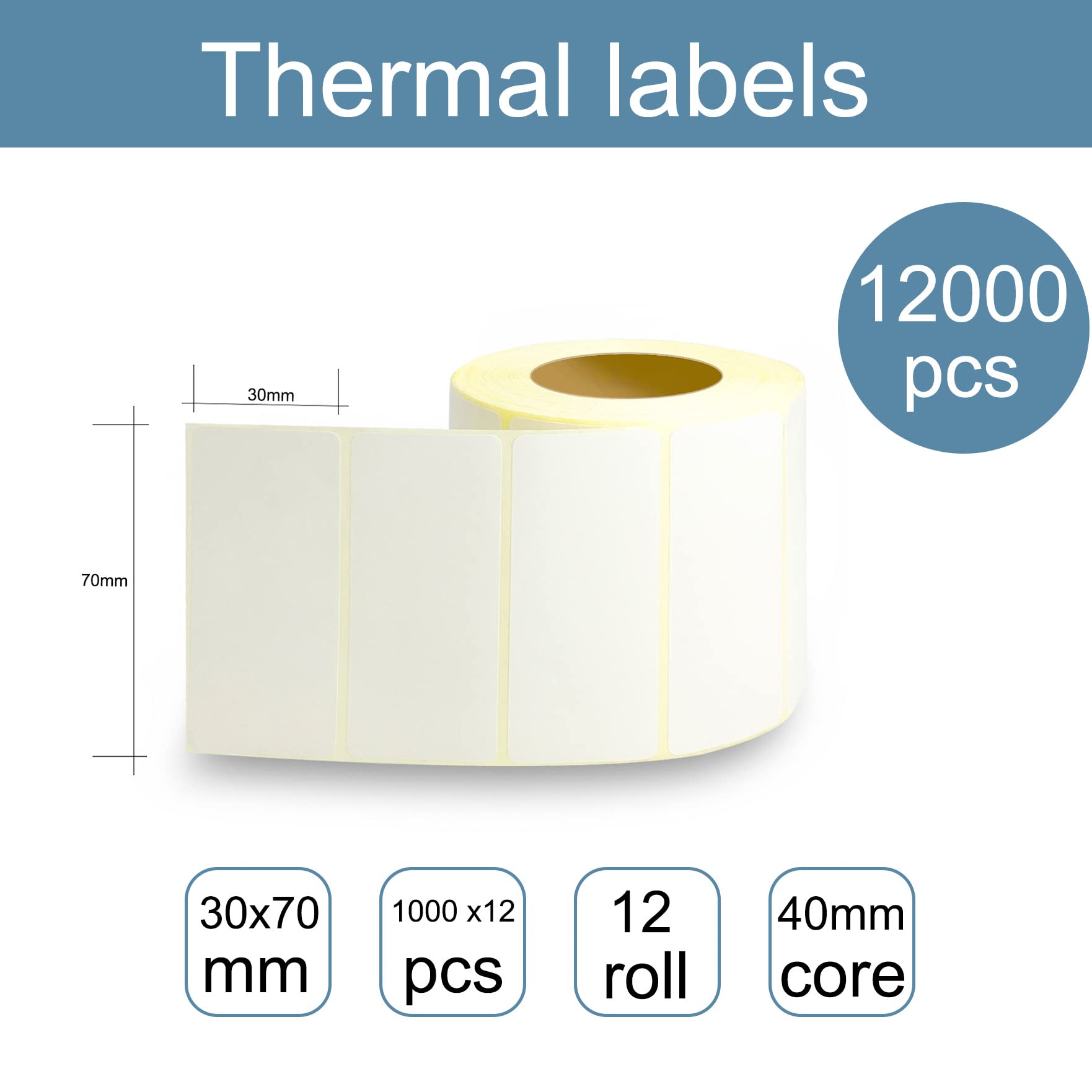 【Buon Prezzo】70×30MM Etichette Termiche Adesive 12000 Pezzi/12 Rotoli Foro 40mm Etichette Adesive Personalizzate Etichette Adesive Per Stampante/Etichettrice Multiuso Per Ufficio Indirizzi|7×3CM