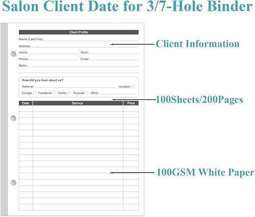 Miniatura 10 de Paquete de 2 tarjetas de inserción de carpeta de estilista A5, tarjetas de perfil de cliente de 3 agujeros para estilista, salón, spa, peluquería,