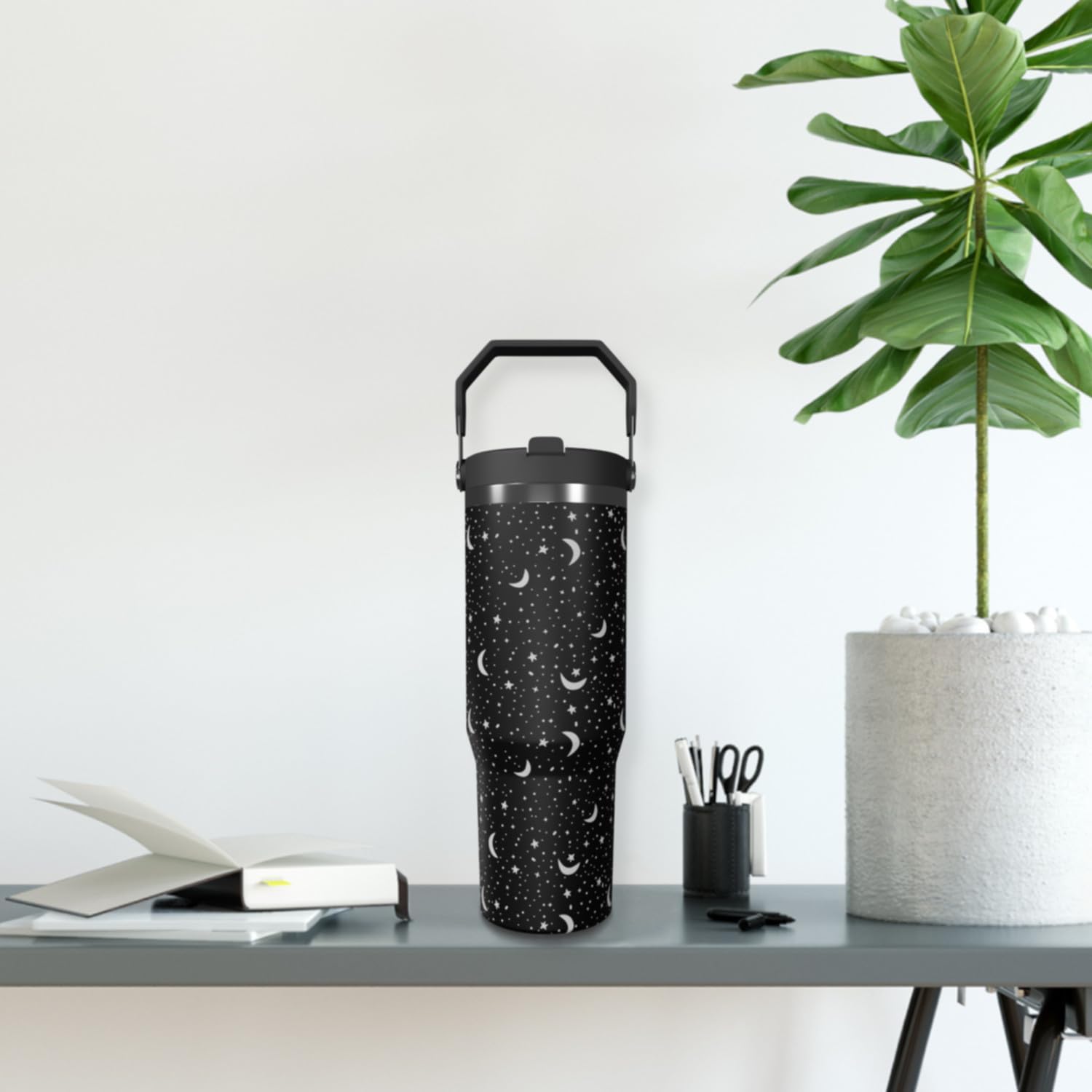 Goth Tumbler with Straw and Lid Gift for Boys Girls Gothic Water Bottle Halloween Travel Kettle Cup for Car Cold and Hot Stainless Steel Double Wall Insulated Mug (star moon, 30oz) - Image 5