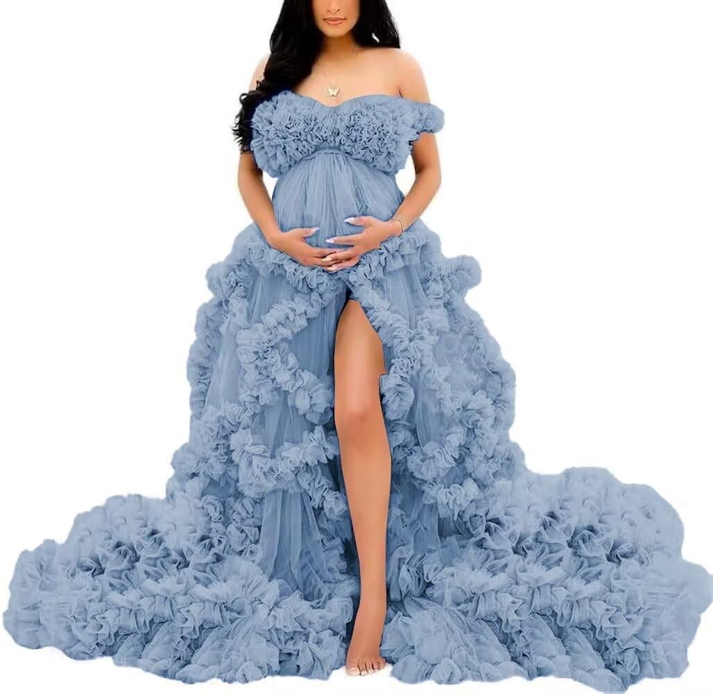 YIANN Dusty Blue Tulle Robe Maternity Dresses for Photoshoot with Train Pregnancy Dress Long Bridal Lingerie Baby Shower Robe UK4