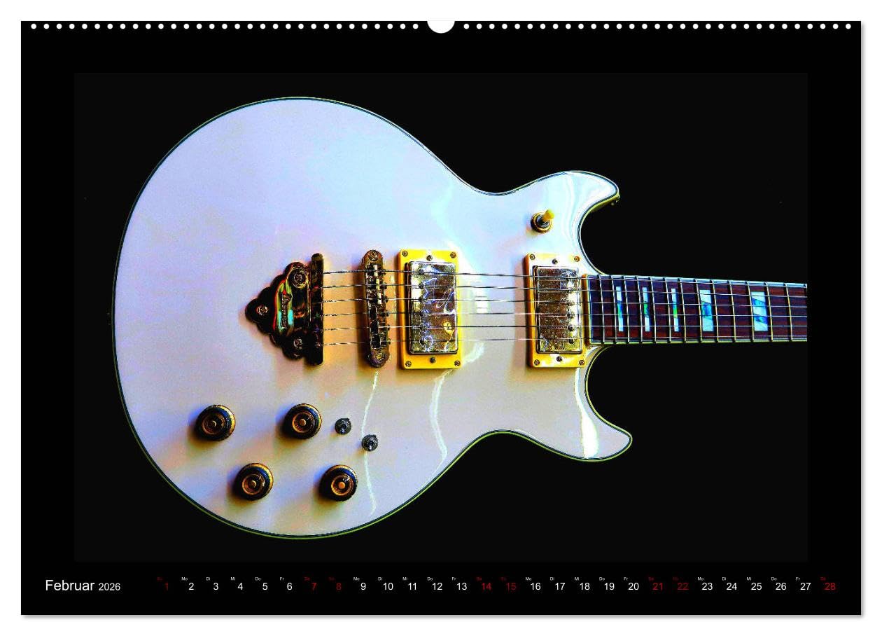 Rockgitarren im Blitzlicht (hochwertiger Premium Wandkalender 2026 DIN A2 quer), Kunstdruck in Hochglanz: Gitarrenschönheiten auf schwarzem Hintergrund eindrucksvoll in Szene gesetzt (CALVENDO Kunst)