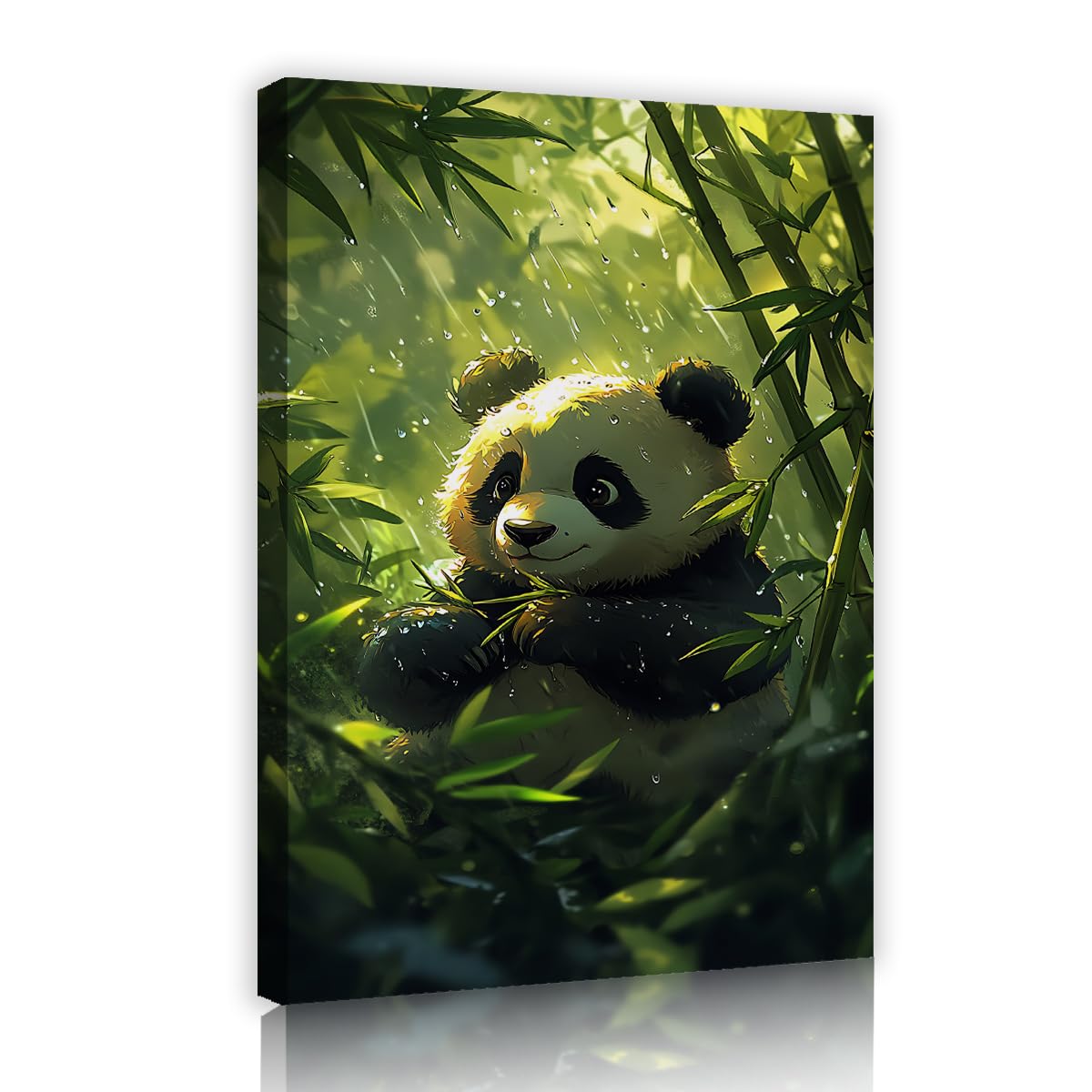 Via Vela Lovely Panda Cub Framed Canvas Pictures Classroom Watercolor Greenery Jungle Painting Rainy Day Posters Wall Art for Playroom Decor 60x90cm