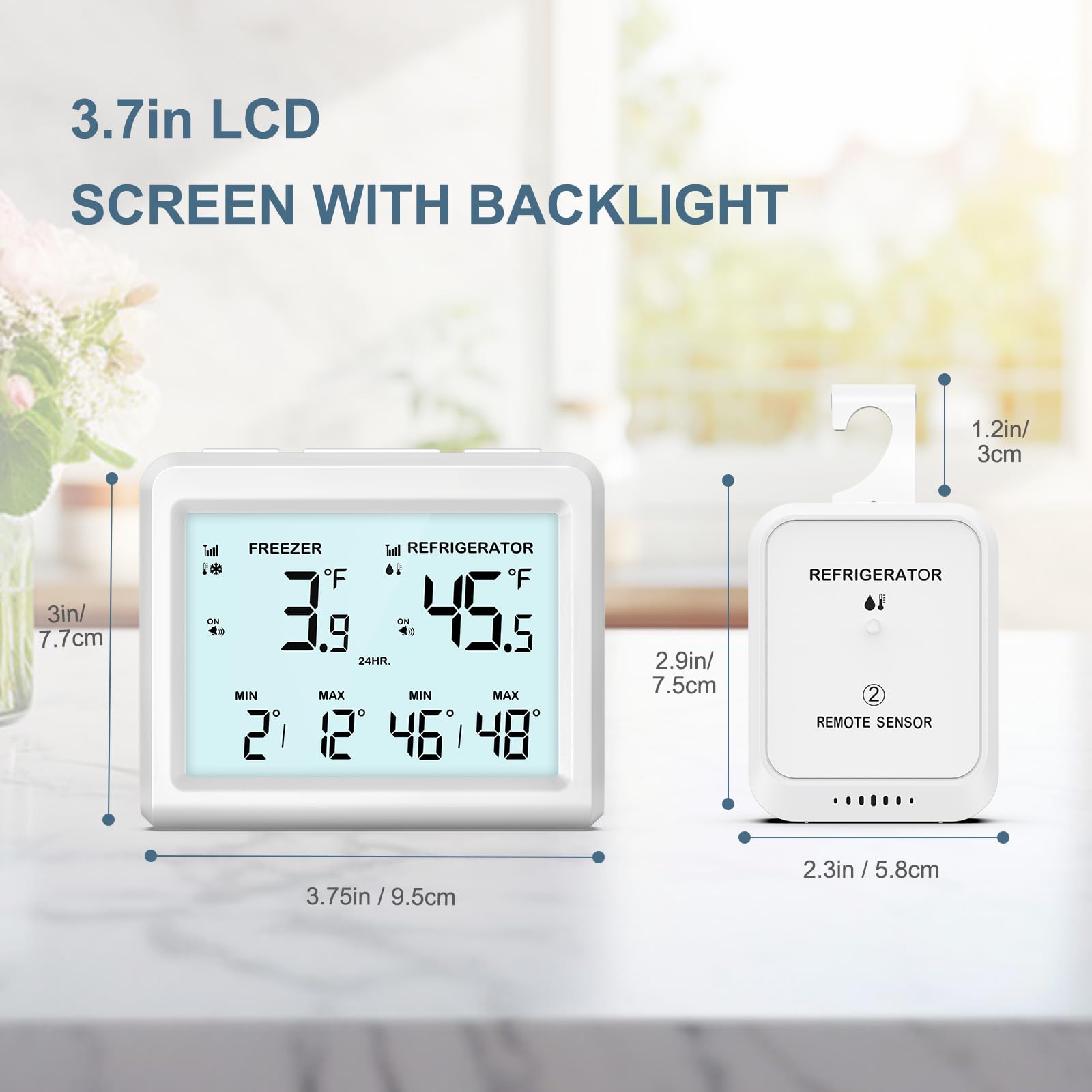 Kühlschrankthermometer,Alarmfunktionen, 3.7in LCD große digitale Anzeige mit 2 kabellosen Sensoren Kühlschrank/Gefrierschrank verfügbar,℃/℉,Hausgebrauch und Restaurant