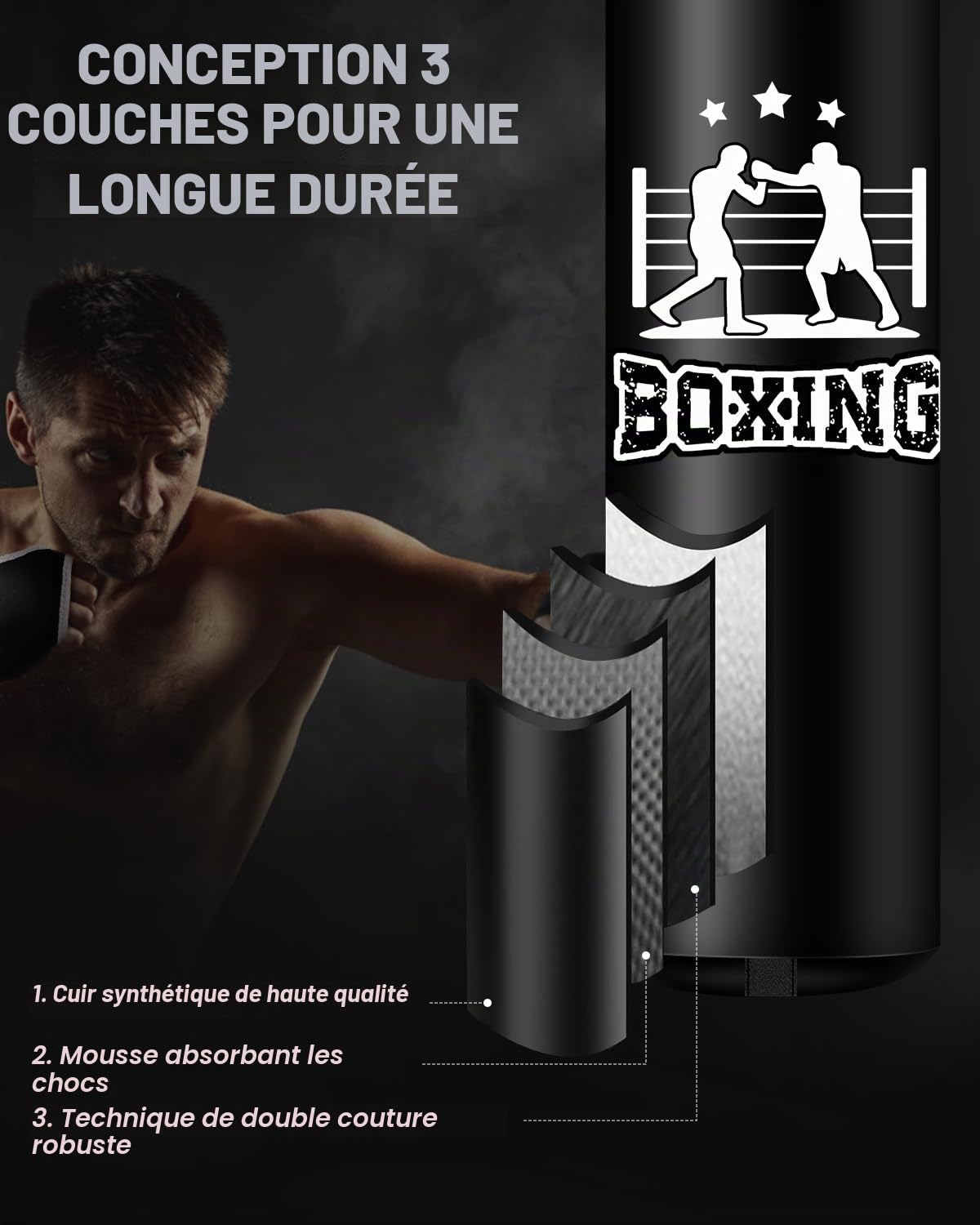 Sac de Frappe Adulte 120cm, Non REMPLIR Suspendu Sac de Frappes pour MMA Muay Thai Karate Taekwondo Training avec Chaine Suspension Boxe Punching Bag