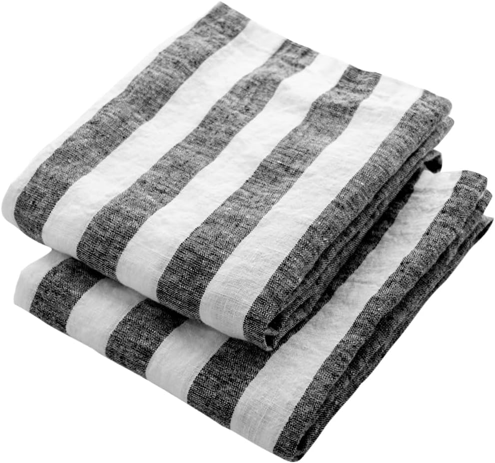 Black Striped Dish Towels Set of 2, 100% Pure Linen, Kitchen Hand Towels, French Striped Dish Cloths for Washing Dishes, Farmhouse Tea Towels, Black Linen Dishtowel, French Kitchen Towels 18x28