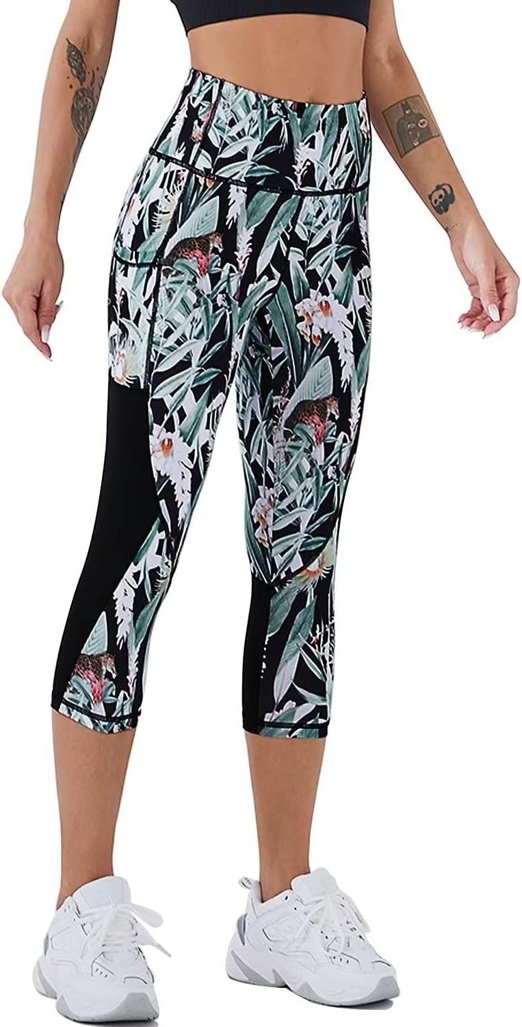 AGSWQ Capri Leggings for Women with Pockets High Waisted Gym Yoga Pants Running Tights