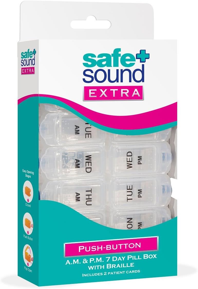 Safe and Sound 7 Day 14 Compartment AM and PM Push-button Easy-open Pill Box, Printed and Braille, Includes Two Patient Record Cards