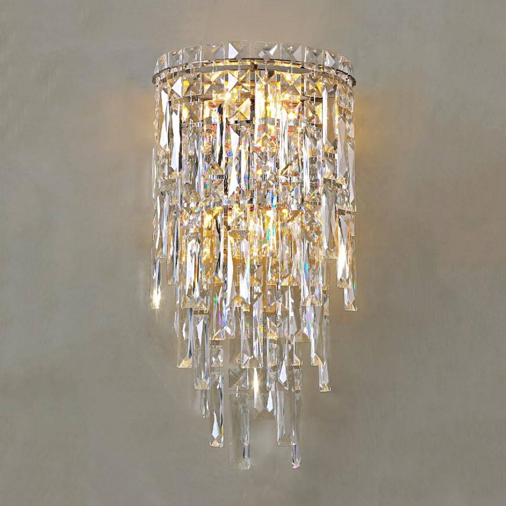 Aplique de pared de cristal cromado para chimenea Lámparas de pared de cristal modernas Iluminación de pared de pasillo de lujo interior Lámpara montada en la pared del dormitorio para sala de