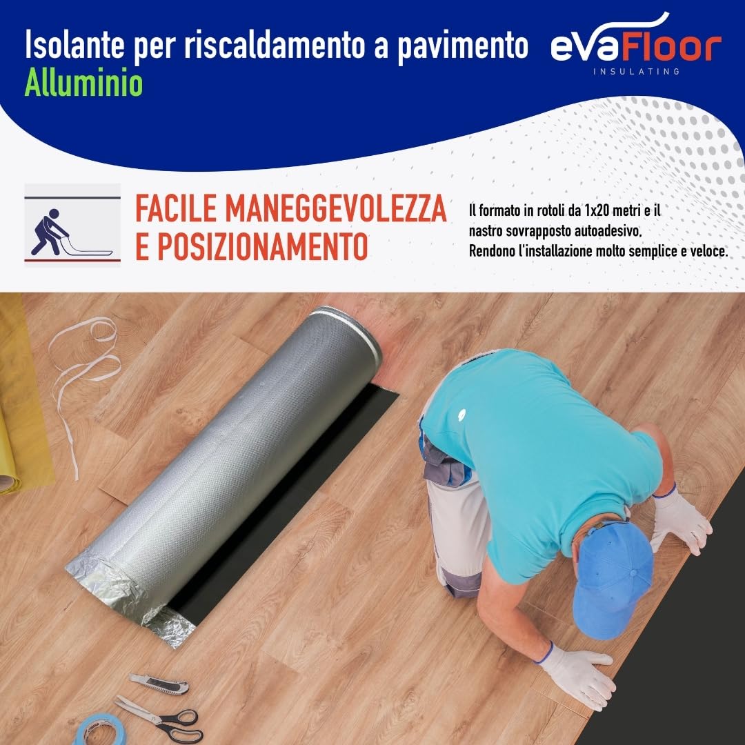 Pack 2 Sottopavimento per Laminato Radiante in Alluminio 1x20 metri | Sottopavimento Isolante | Base in EVA 2mm + Strato in Alluminio | Include Adesivo