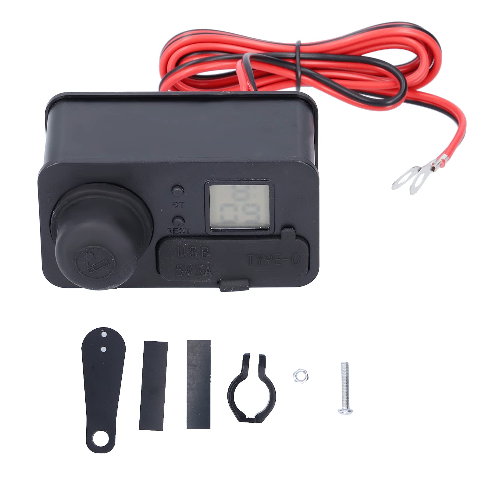 Motocyklowa ładowarka i zasilacz 12 V USB typu C - Szybkie ładowanie 3 A dla telefonów, tabletów, GPS - Wbudowany woltomierz, zapalniczka do papierosów, niezależny przełącznik (Black)
