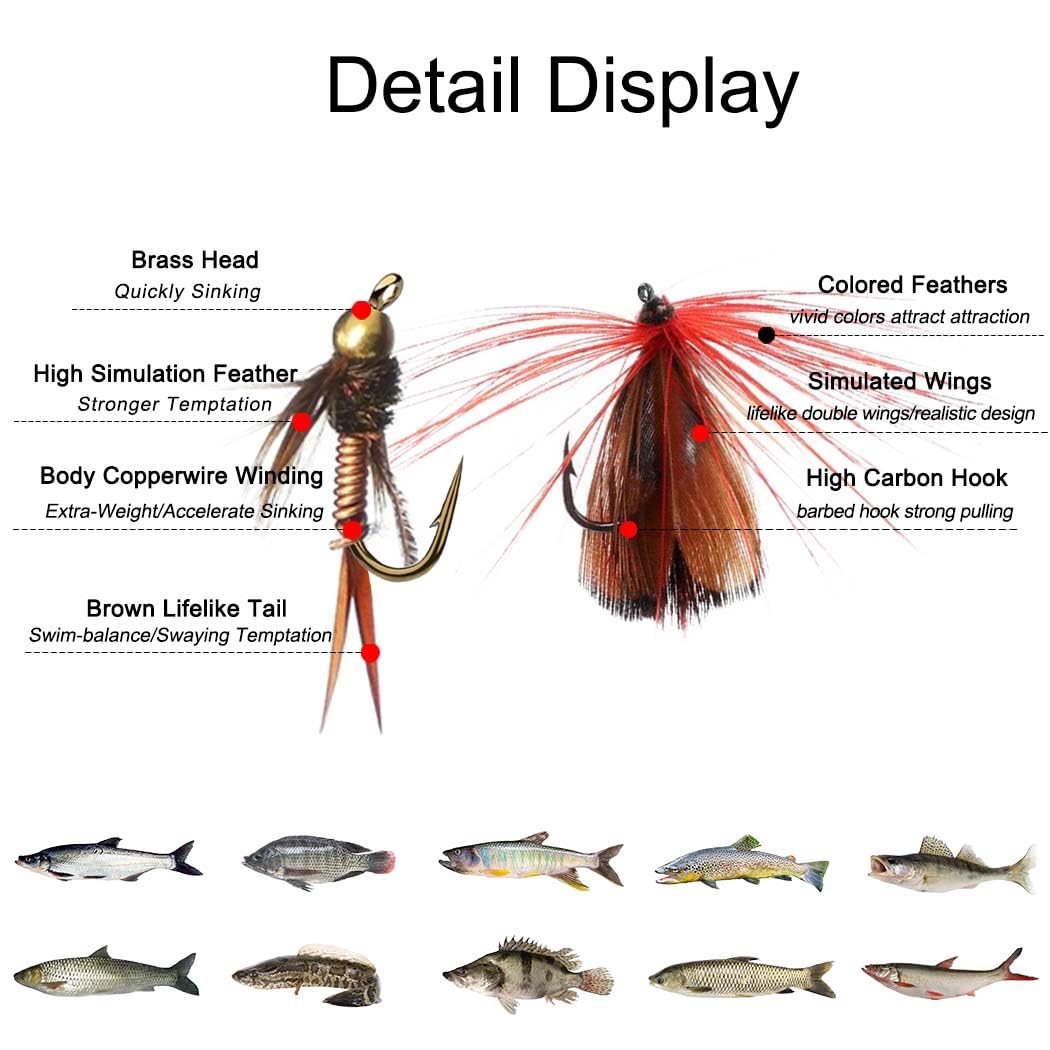 24-100 pièces appâts Faits à la Main,artificiels de pêche à la Mouche avec des Mouches sèches/humides appâts La Truite Pêche avec boîte Ensemble
