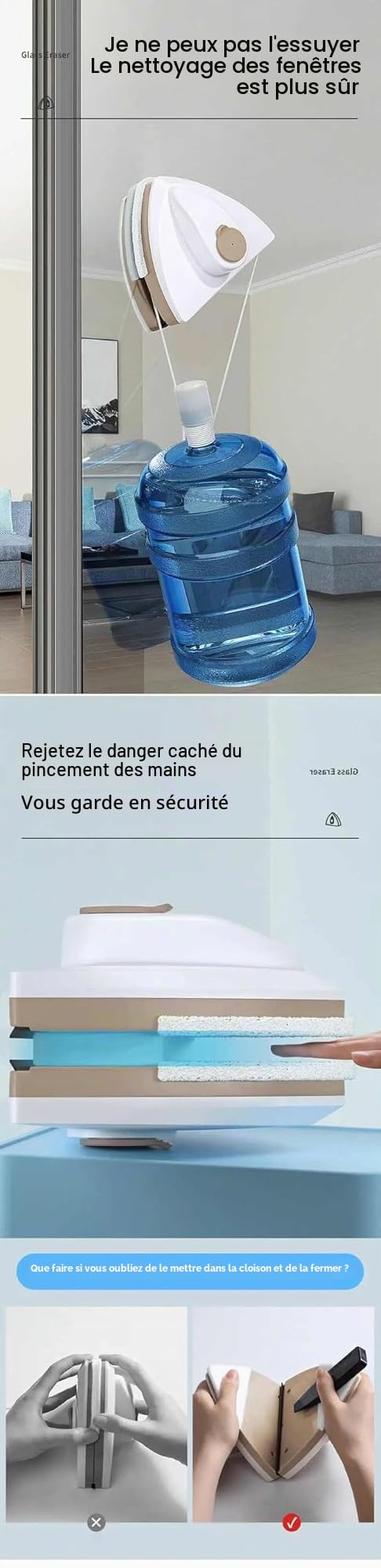 Nettoyant magnétique pour vitres, outil de nettoyage à double face, construction en ABS et caoutchouc, pour une épaisseur de verre de 8-15 mm, avec corde de sécurité (1, Bleu)